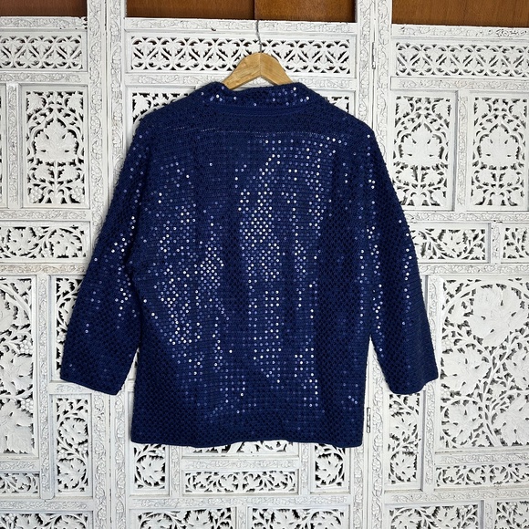 Talbots NWT Navy Blue Handknit Sequin Collared Button Up Cardigan Sz XL - Picture 5 of 8